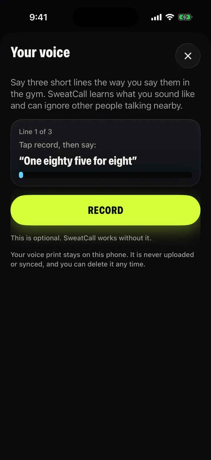 SweatCall step where you teach the app your voice.