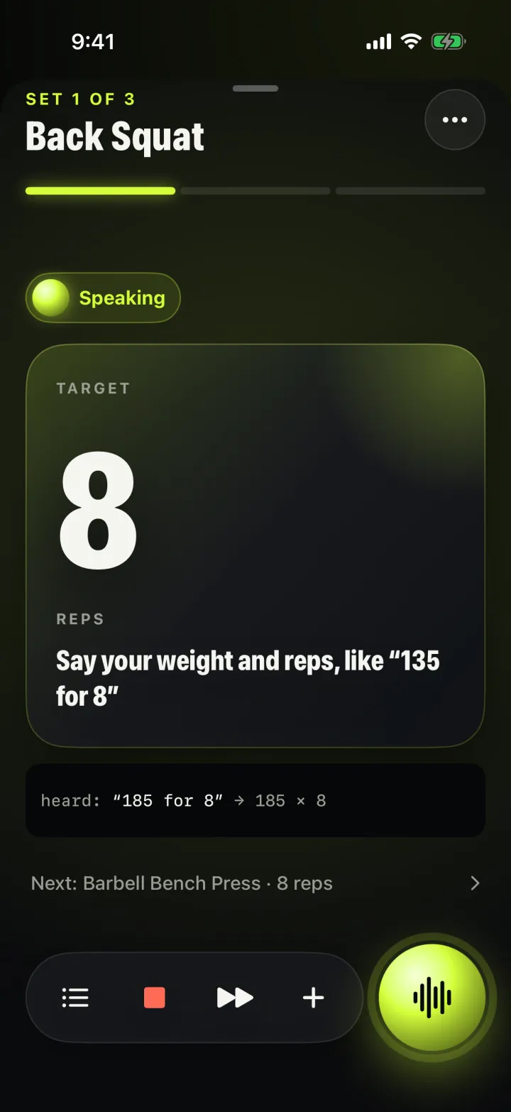 SweatCall during a workout: the target 185 by 8 is on screen and the coach is speaking the readback of the set you just said.
