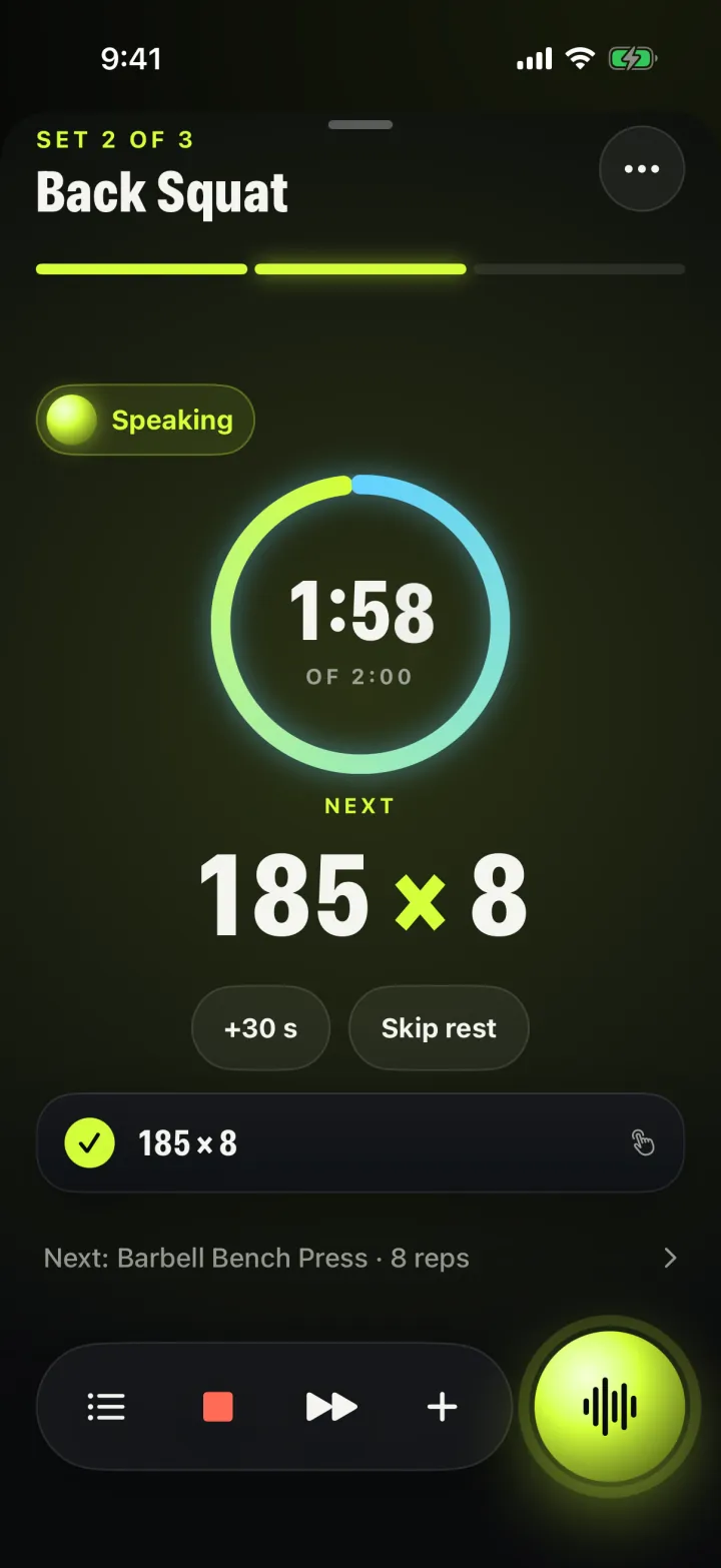 SweatCall rest screen with a countdown ring and the next set target.