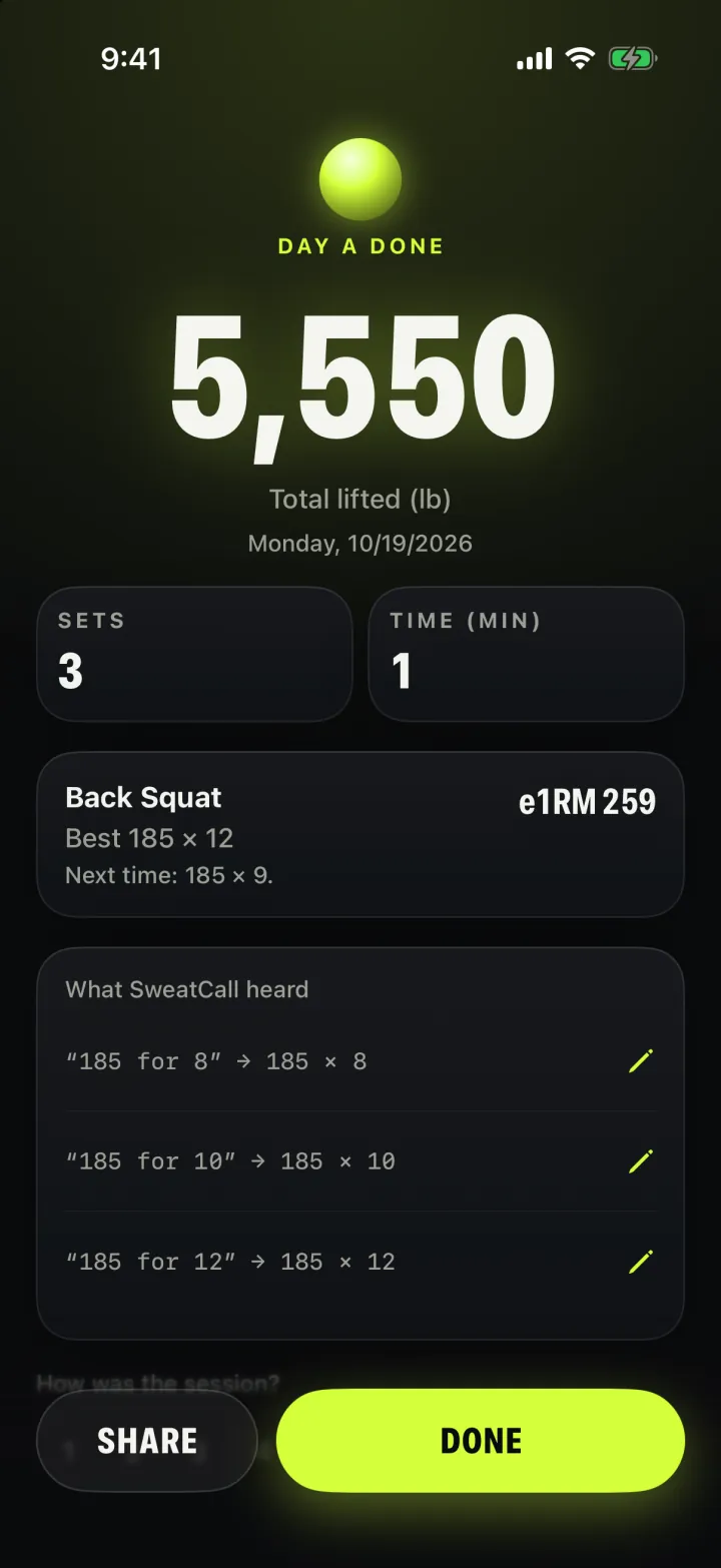 SweatCall workout summary after the last set.